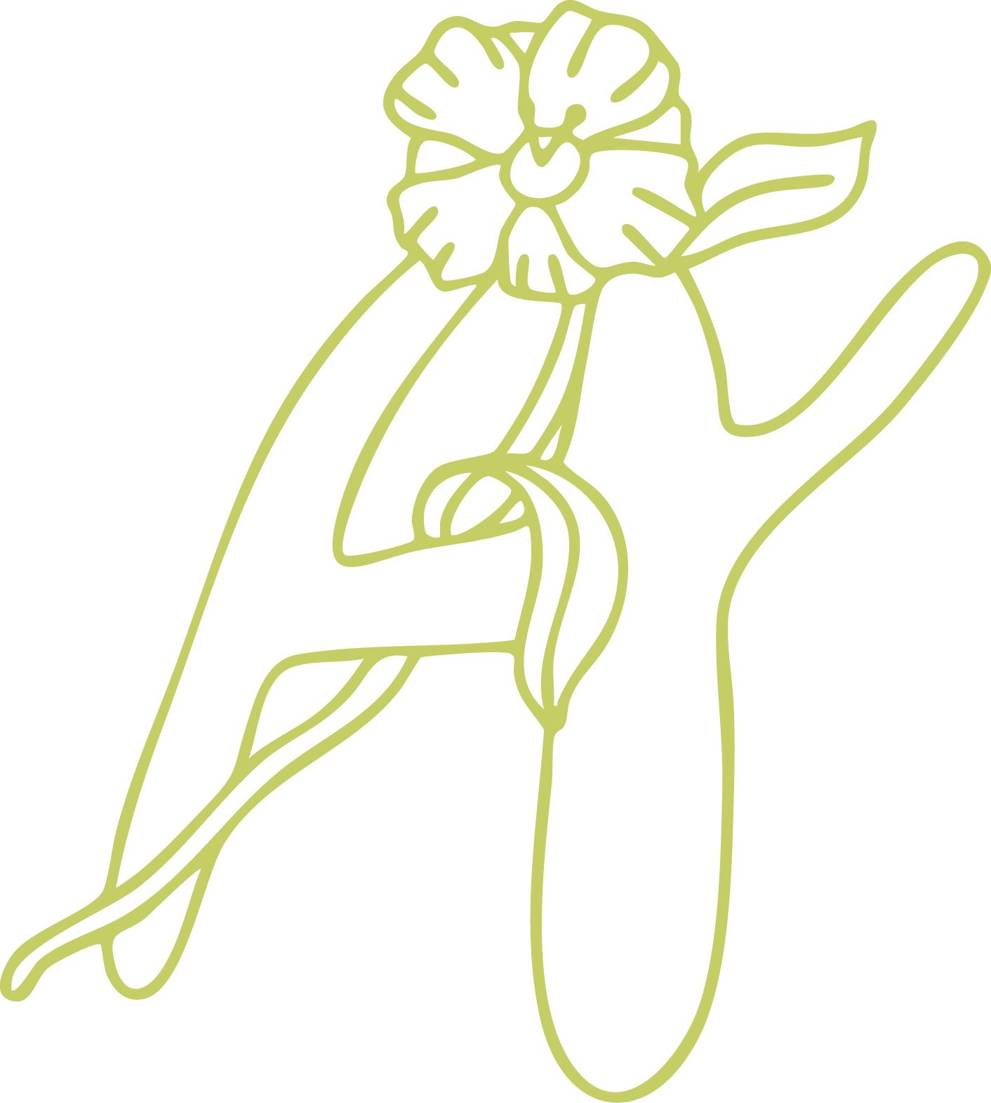 A stylized letter "A" outlined in green, adorned with vines and a blooming flower, evoking themes of renewal and growth.