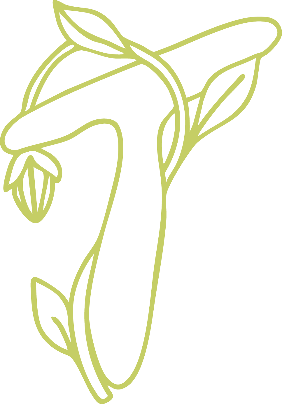 A nature-inspired letter "T" outlined in green, featuring organic leaf patterns and a delicate flower, representing intentional growth and new beginnings.