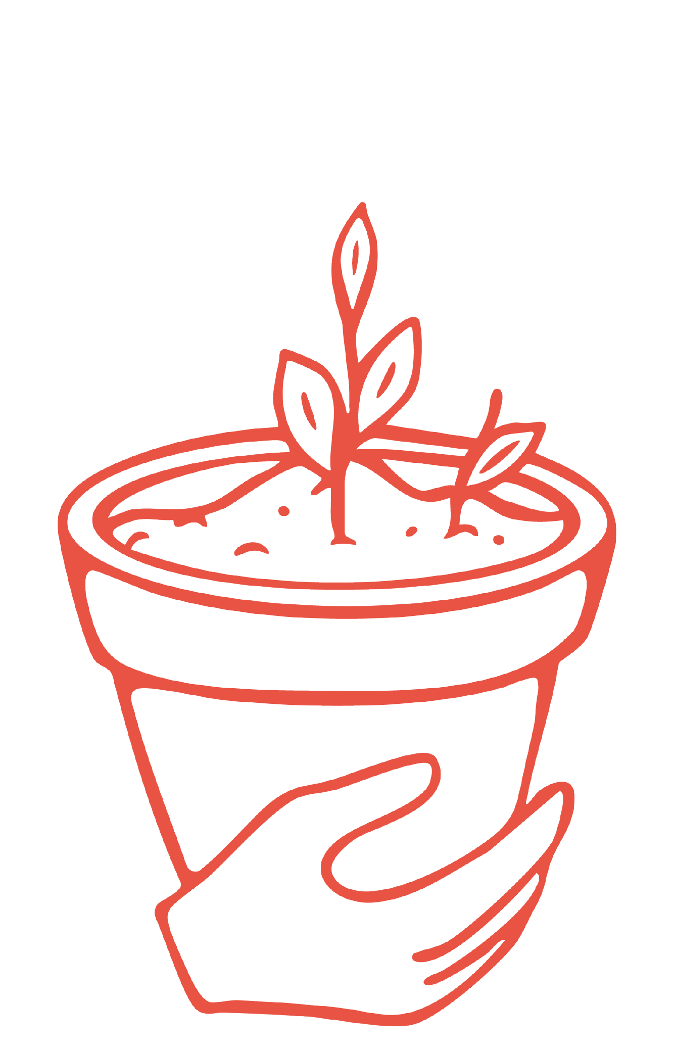 A minimalistic red line drawing of a hand gently holding a flower pot with two small plants sprouting from the soil, symbolizing nurturing, growth, and new beginnings.