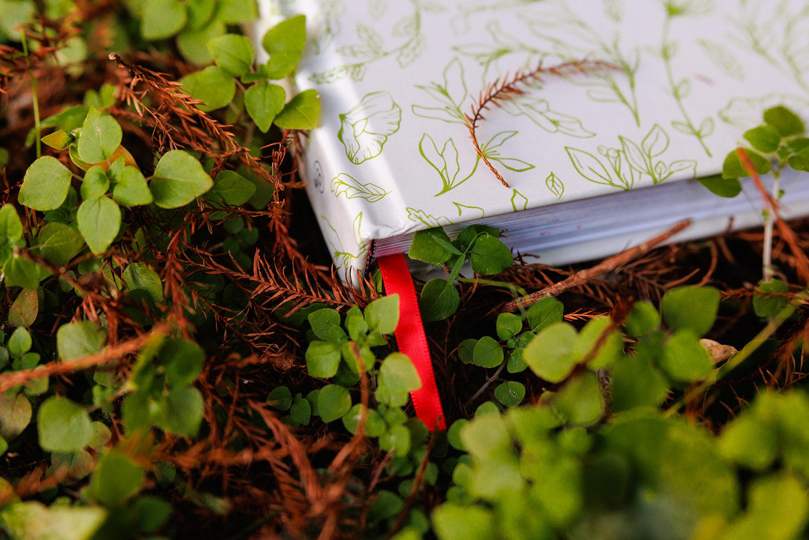 A close-up of the "PLANT: Your Life Planner" resting among green leaves and earthy forest floor textures. A red ribbon bookmark peeks from the planner, symbolizing growth, mindfulness, and intentional living.