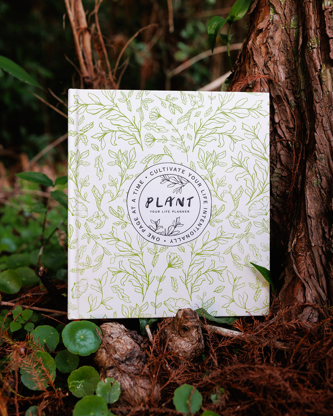 The "PLANT: Your Life Planner" rests against the base of a tree, surrounded by green leaves and earthy textures, symbolizing growth, intention, and connection to nature.