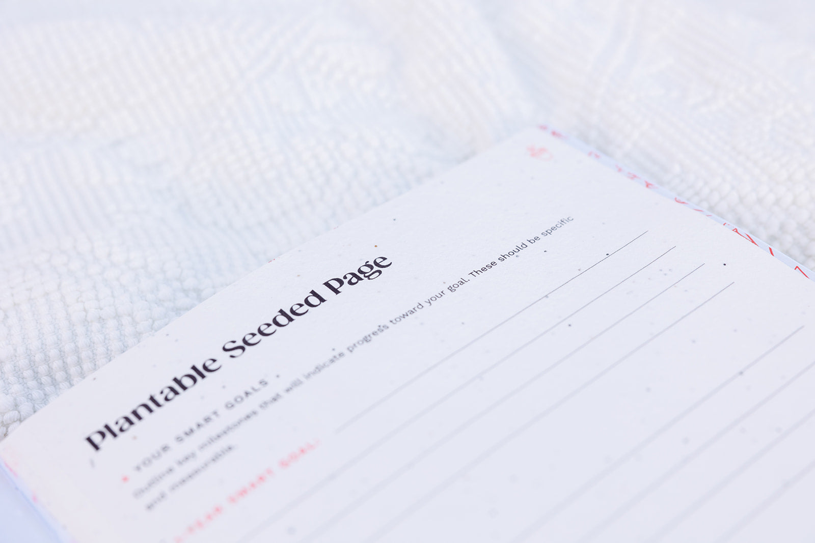 A close-up of an open planner showing a "Plantable Seeded Page" with lined sections for goal setting. The textured, biodegradable paper contains embedded seeds, designed to be planted after use.
