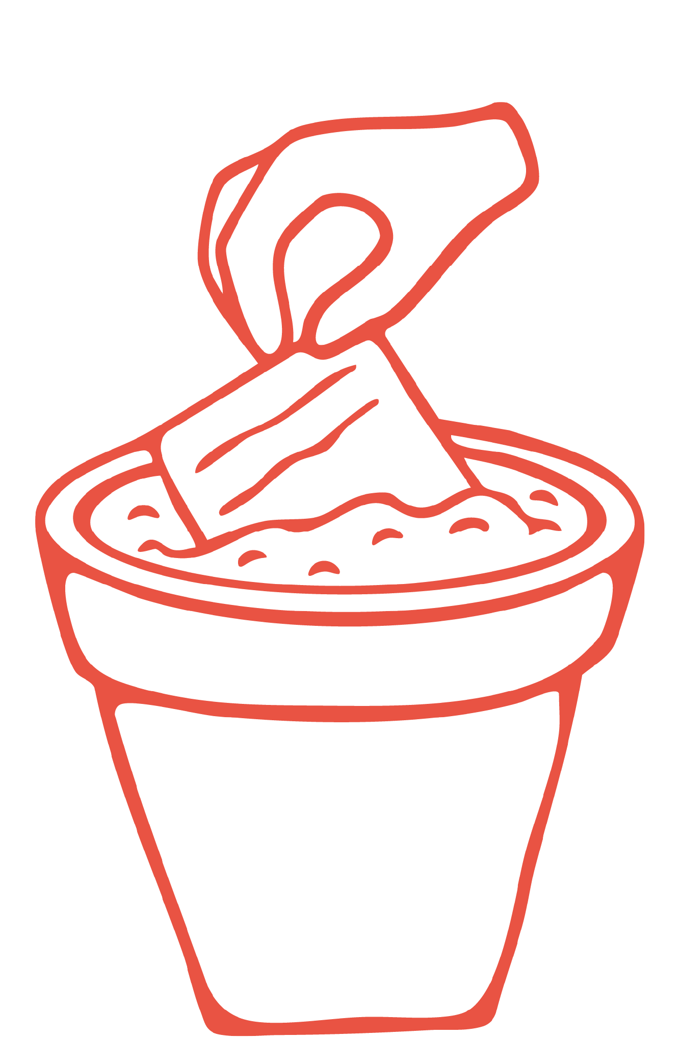 A minimalistic red line drawing of a hand placing a packet of seed paper into a flower pot filled with soil, representing planting intentions and growth.