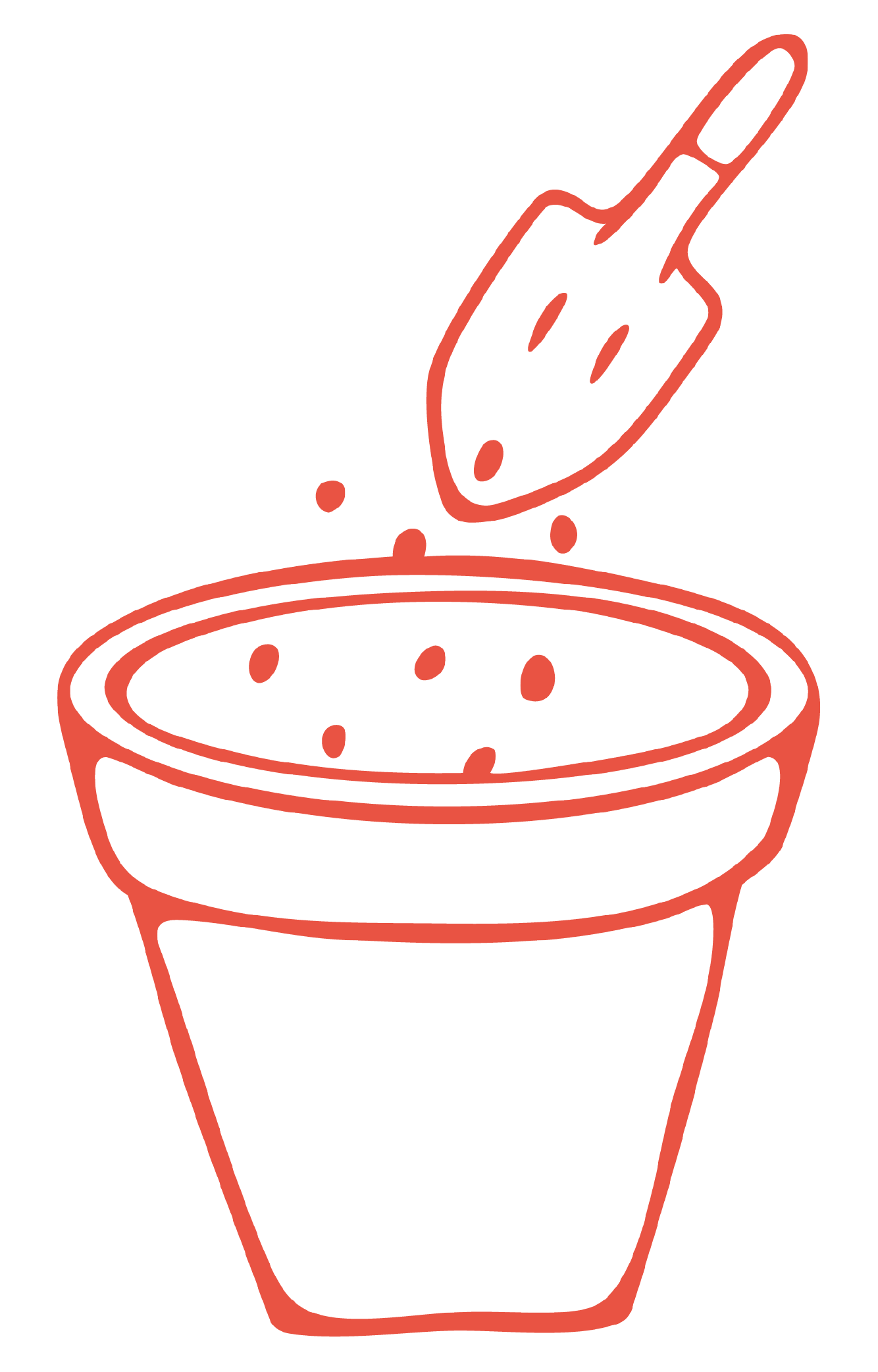 A minimalistic red line drawing of a flower pot with a gardening trowel sprinkling seeds into the soil, symbolizing growth and new beginnings.