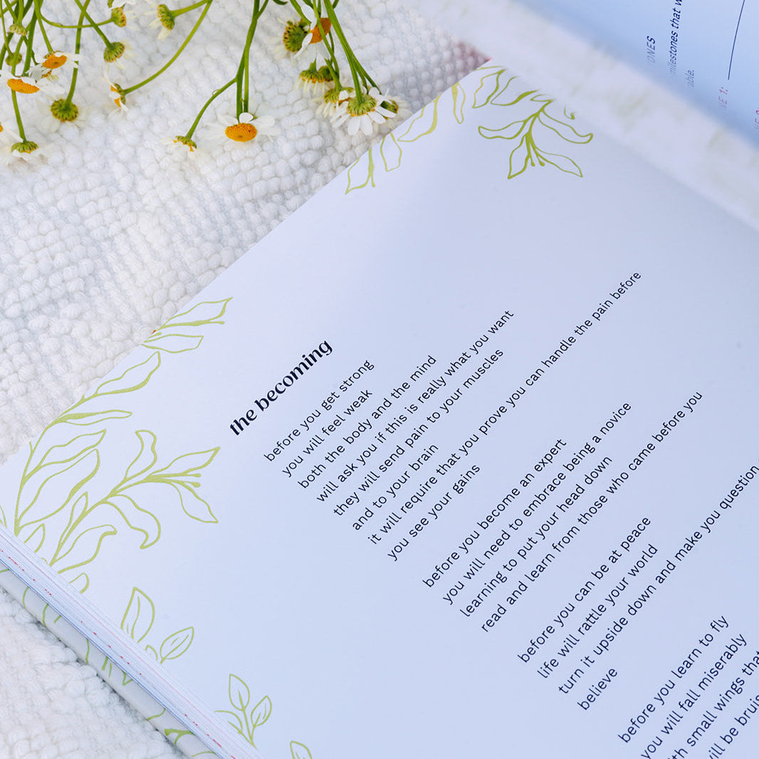 A close-up of an open planner page titled "The Becoming," featuring an inspirational passage about strength and growth, with floral illustrations on the page and chamomile flowers in the background.