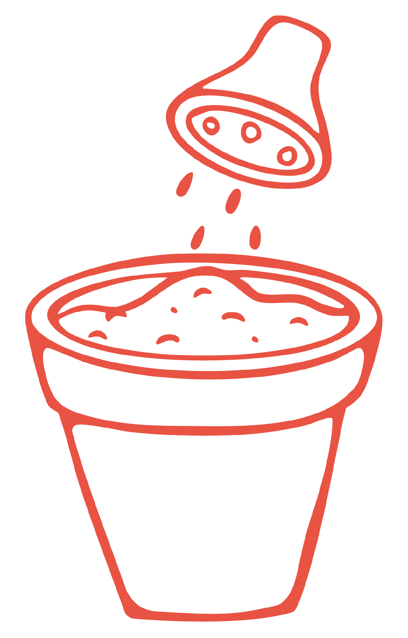 A minimalistic red line drawing of a watering can pouring water onto a flower pot filled with soil and seeds, symbolizing nourishment, patience, and growth.